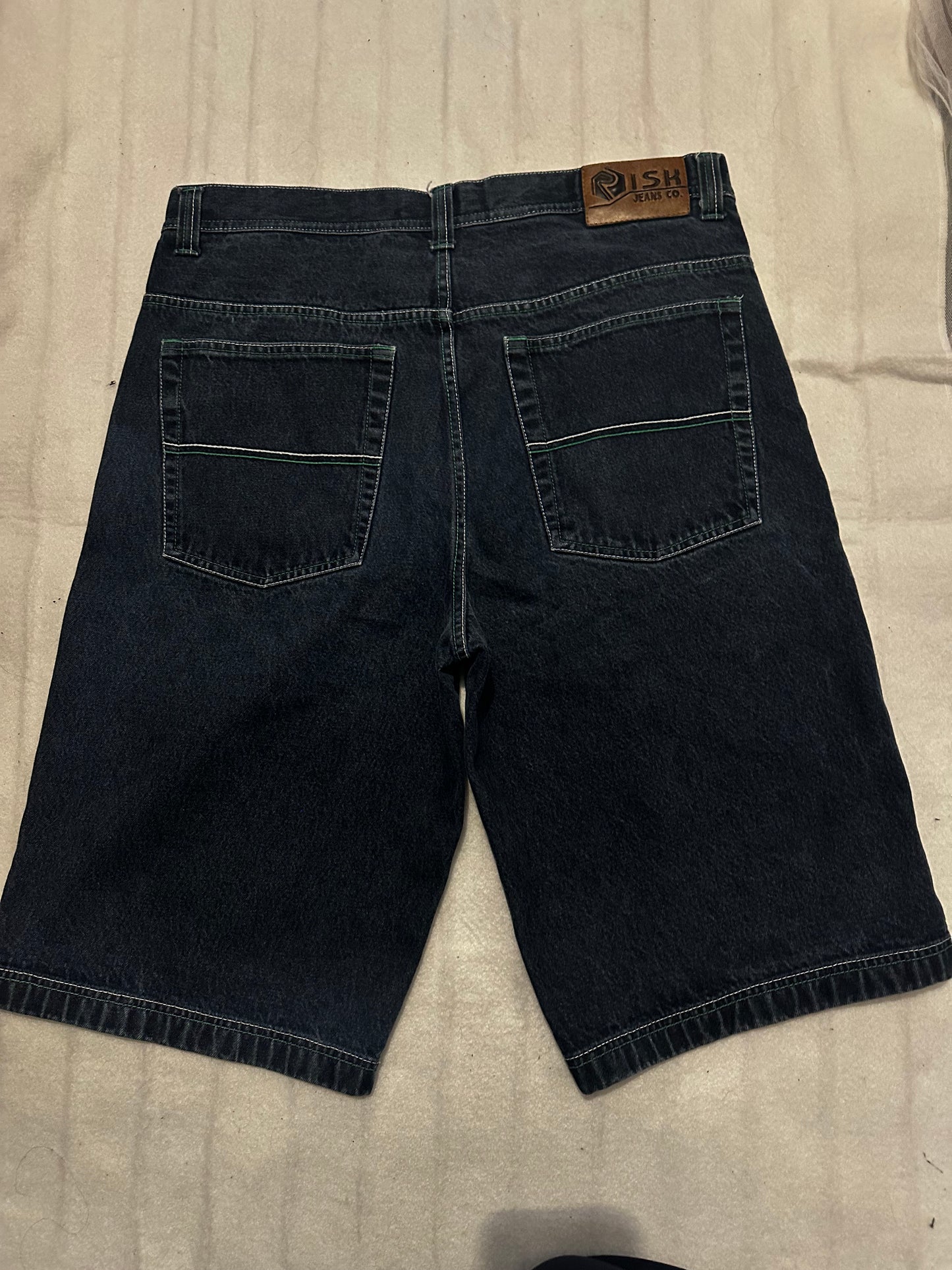 Beautiful Green & White stitching Dark Wash Jorts