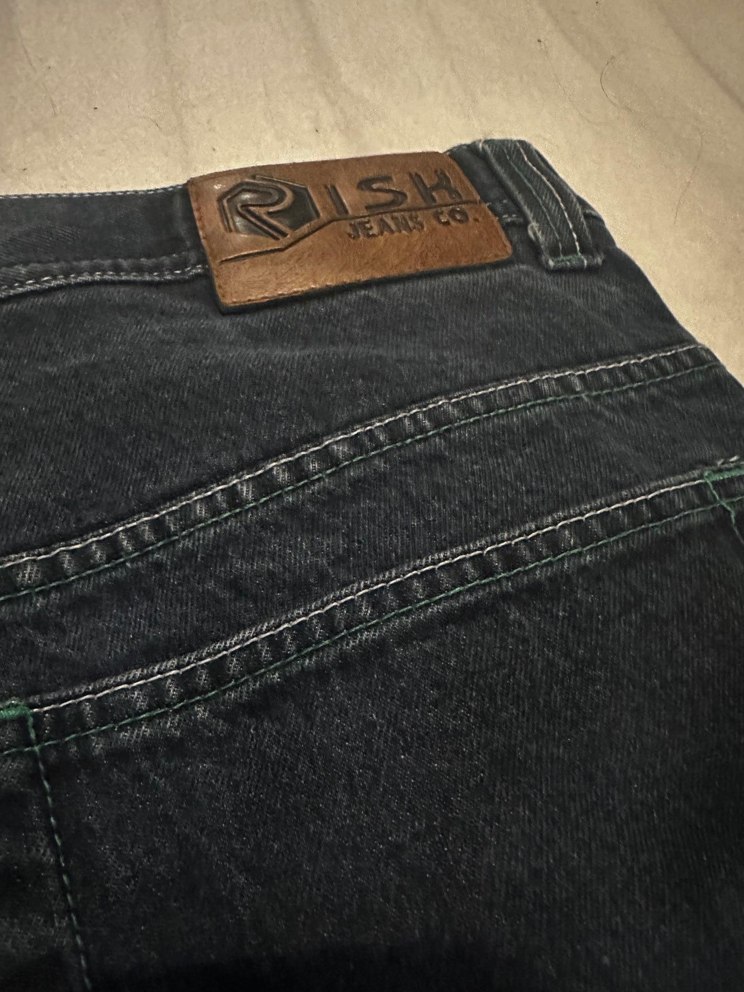 Beautiful Green & White stitching Dark Wash Jorts